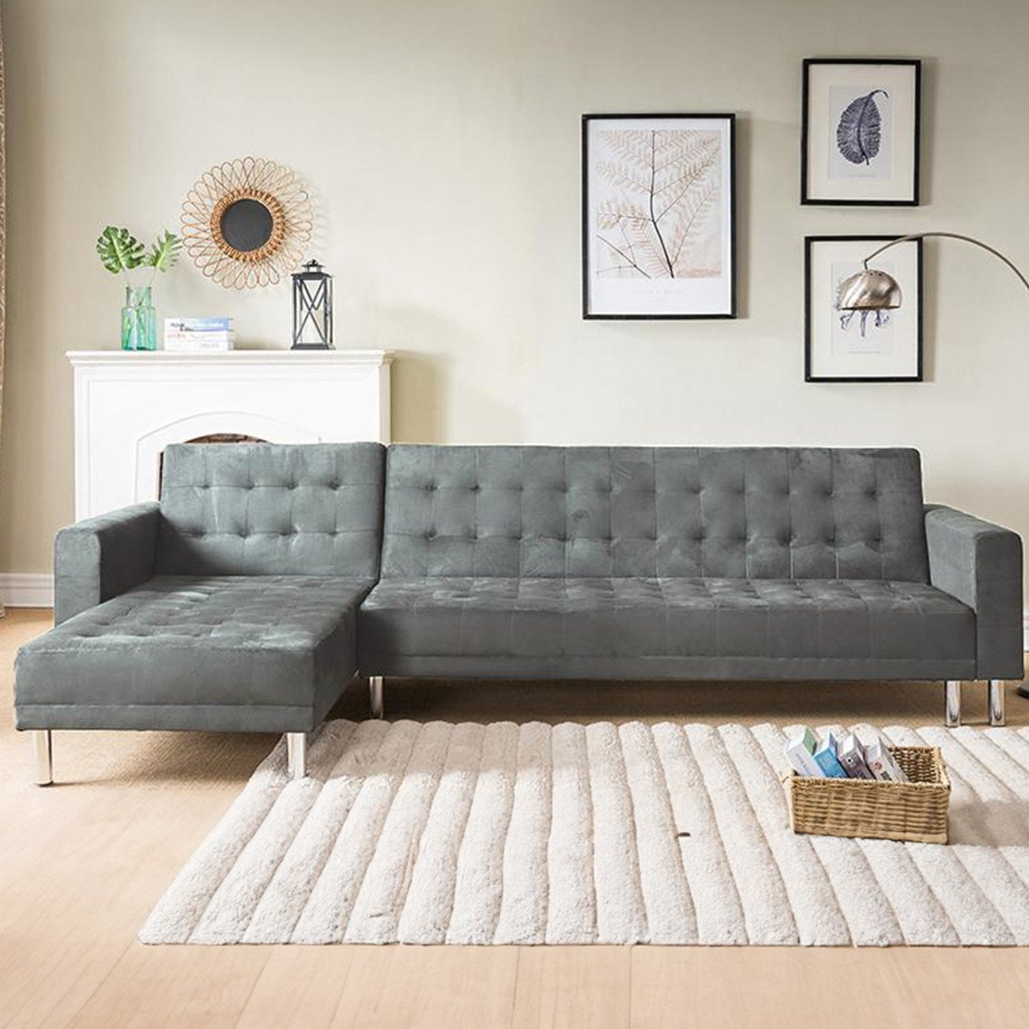 Sarantino Faux Velvet Corner Wooden Sofa Bed Couch with Chaise - Grey