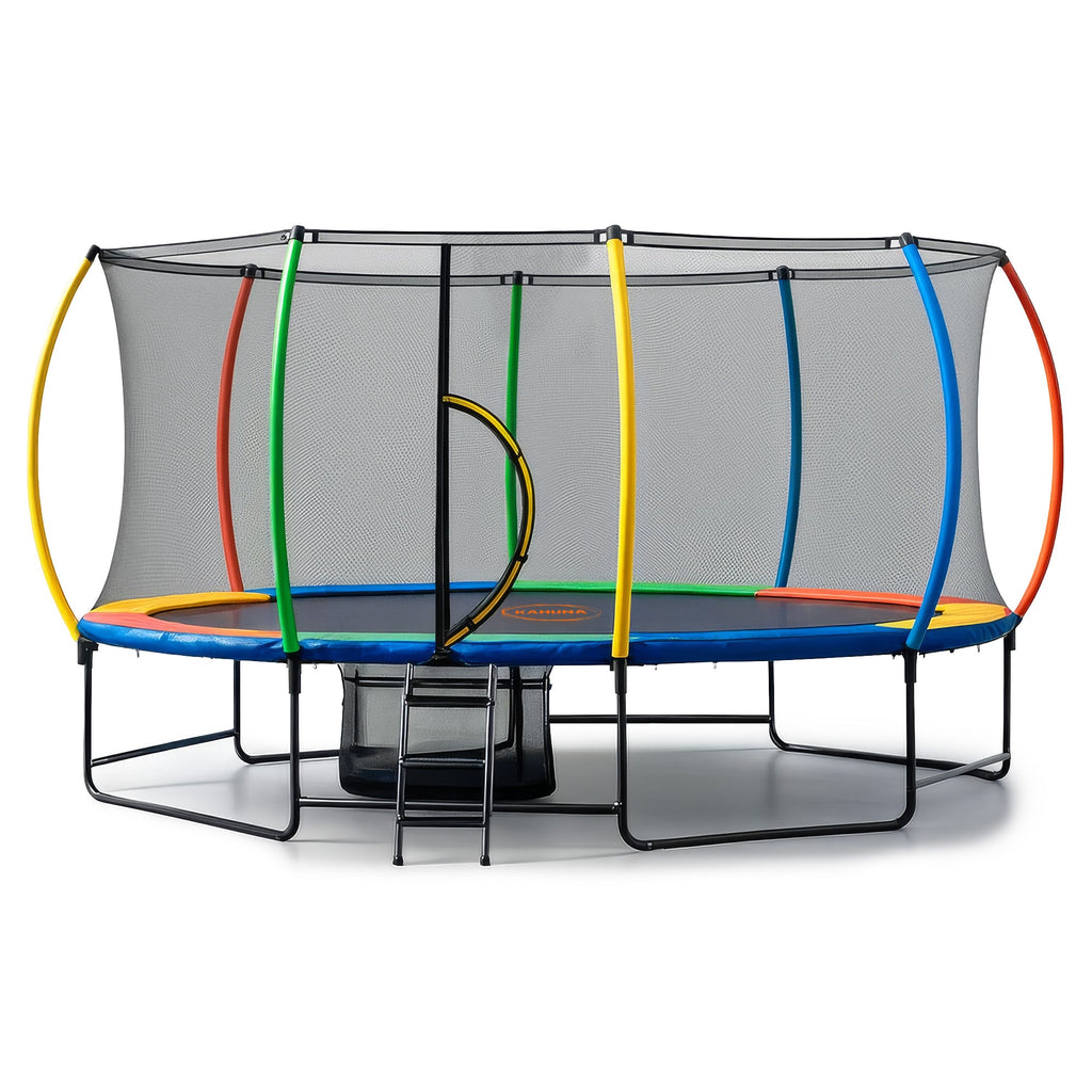 Kahuna 10 ft x 15 ft Oval Outdoor Trampoline with Reversible Rainbow & Orange Safety Pad Safety Net and Ladder