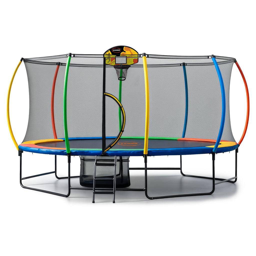 Kahuna 10 ft x 15 ft Oval Outdoor Trampoline w/ Basketball Set Reversible Rainbow & Orange Safety Pad Safety Net Ladder