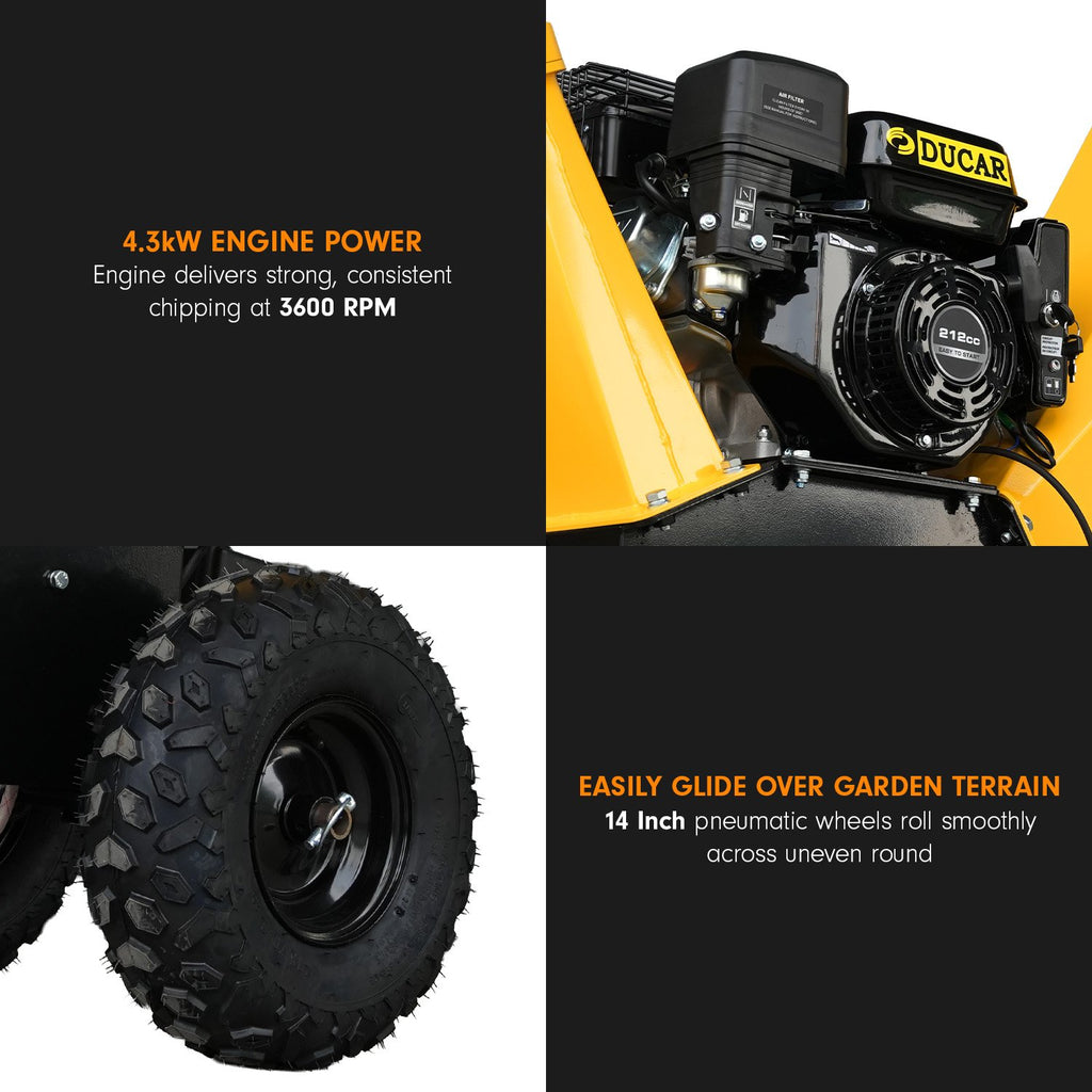 Ducar 70p 3600 Rpm Yellow Black Wood Chipper Shredder Mulcher Grinder Recoil & Electrical Starting System 100mm Capacity Ohv 4-stroke Engine 212cc Unleaded Petrol
