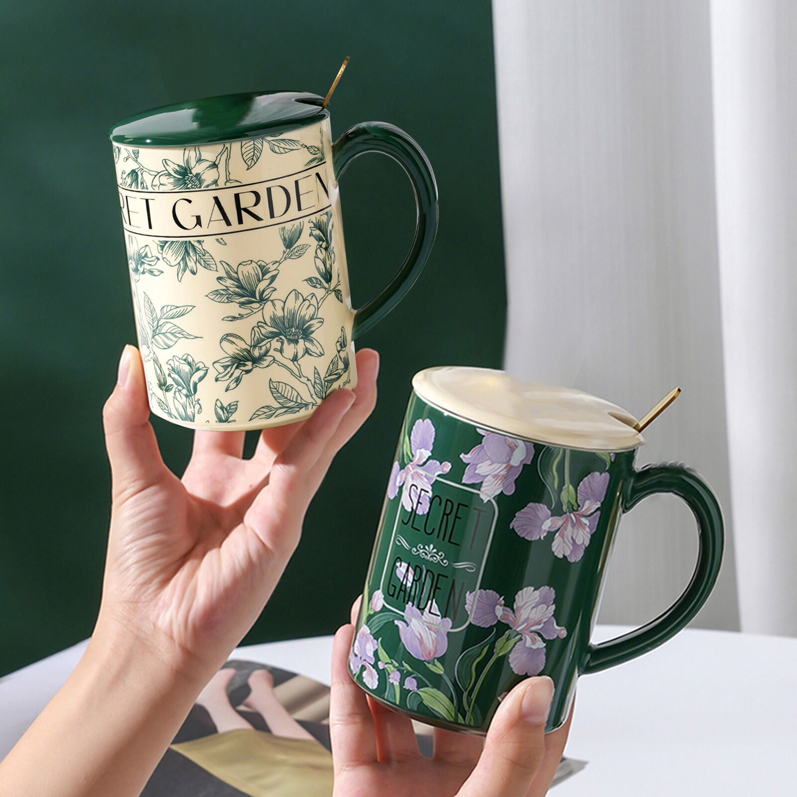 2X High-Fired Ceramic Porcelain Mug Set with Lid 400ml Vintage Floral Tea Spoon GREEN