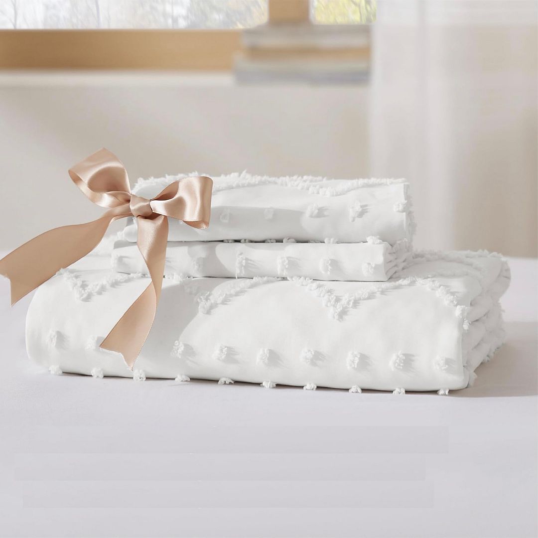 Tufted Boho Embroidery Quilt/Doona/Duvet Cover Set - White - Queen Size