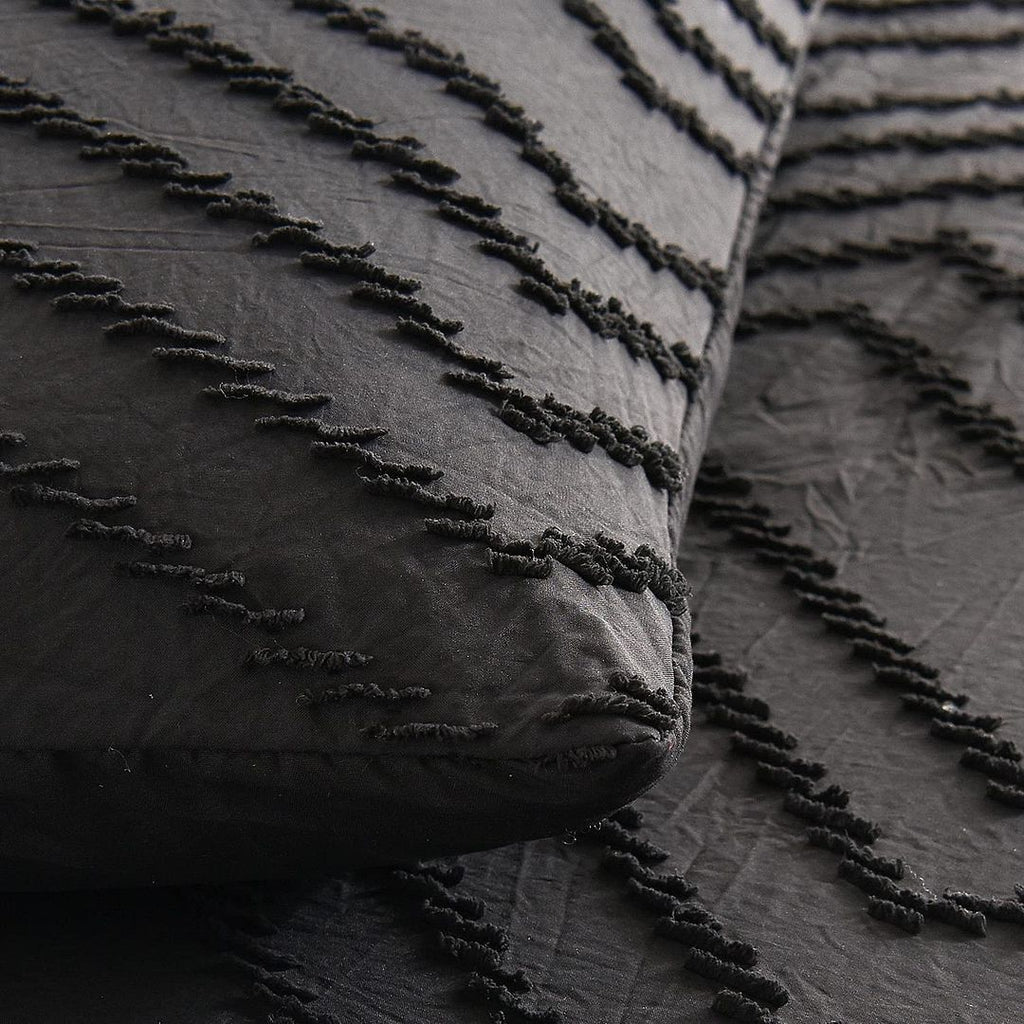 Tufted Boho Wave Jacquard Queen Size Black Duvet Quilt Cover Set