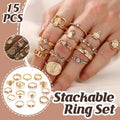 Gold Hollow Stackable Joint Ring Set 15 PCS Various Styles Versatile Womens