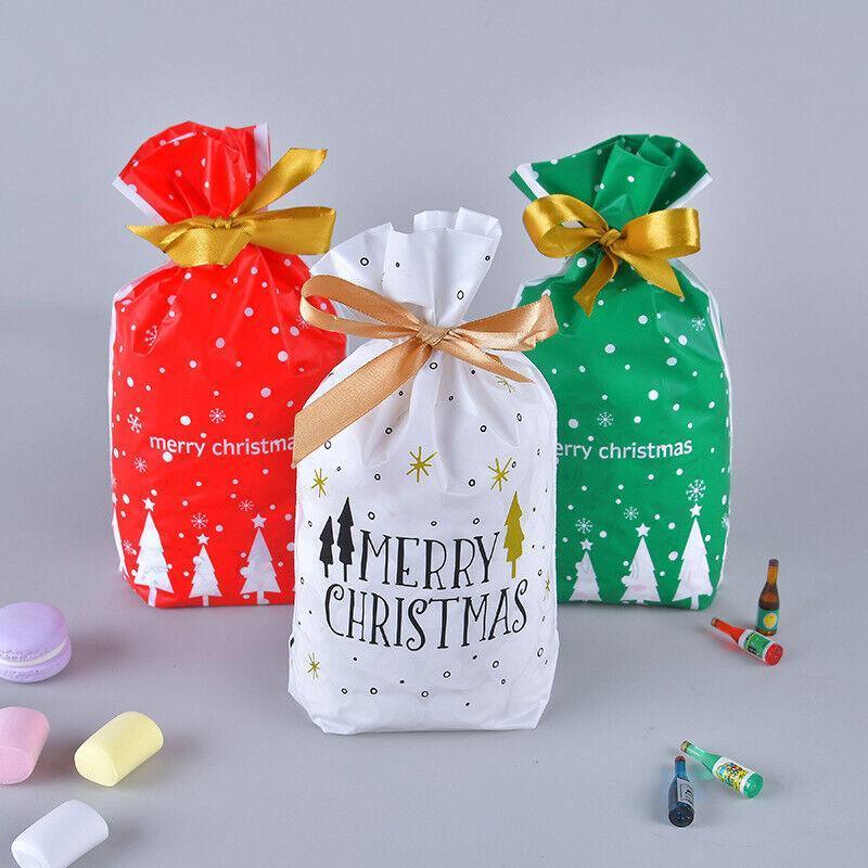 10pcs Christmas Candy Bags Gift Treat Drawstring Pouches Biscuit Cookie Packaging - 10Pcs Bag-Red Tree