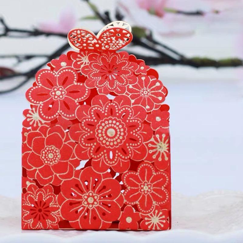 Laser Cut Wedding Favour Candy Gift Boxes Party Decoration Floral Design 12 Pack - Red
