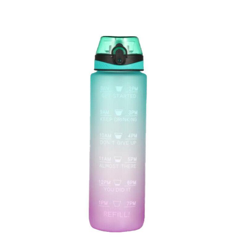 1L Water Bottle Motivational Drink Flask With Time Markings Bpa Free Sport Gym - Blue+Purple