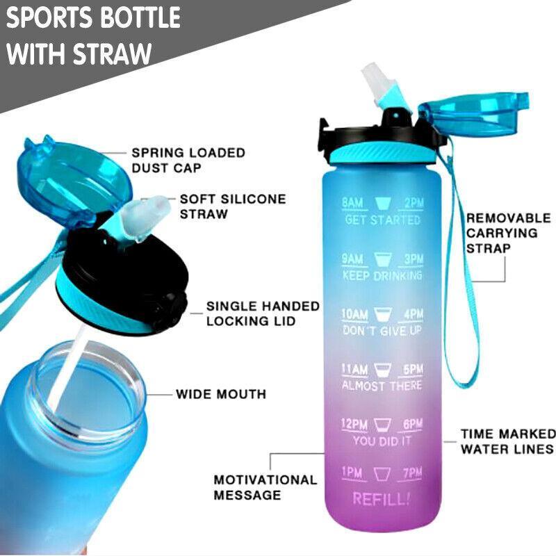 1L Water Bottle Motivational Drink Flask With Time Markings Bpa Free Sport Gym - Grey