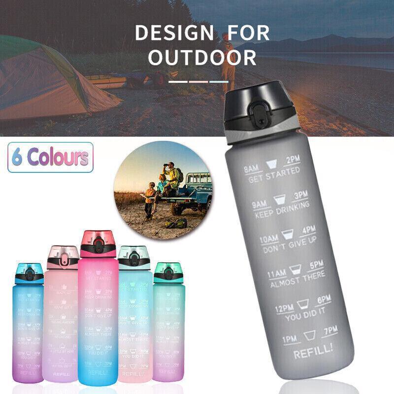 1L Water Bottle Motivational Drink Flask With Time Markings Bpa Free Sport Gym - Red+Blue