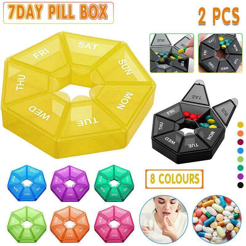 Weekly Pill Organiser 7 Day Medicine Box Tablet Case Dispenser 2 Pack - Black