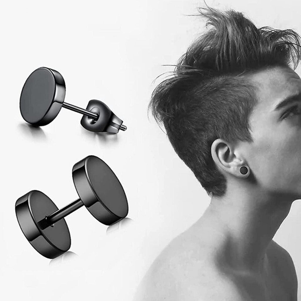 Pair Black Flat Round Barbell Plug Stud Earrings Stainless Steel Mens Gym 4-12Mm - 4mm