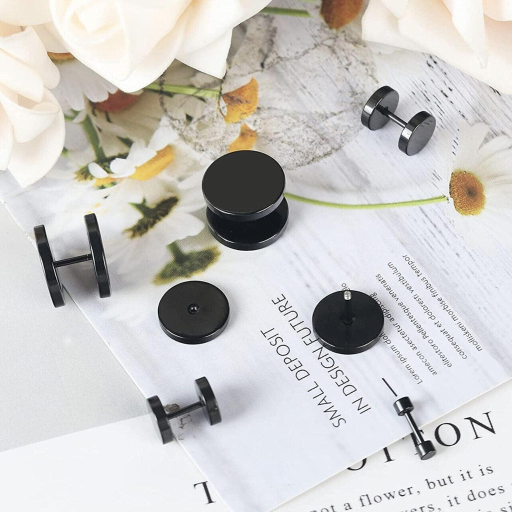 Pair Black Flat Round Barbell Plug Stud Earrings Stainless Steel Mens Gym 4-12Mm - 4mm