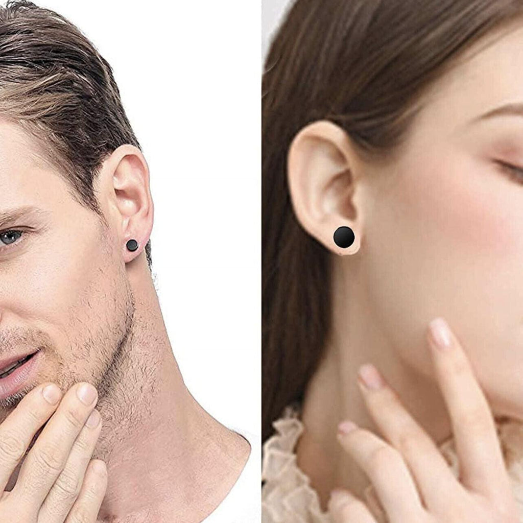 Pair Black Flat Round Barbell Plug Stud Earrings Stainless Steel Mens Gym 4-12Mm - 6mm