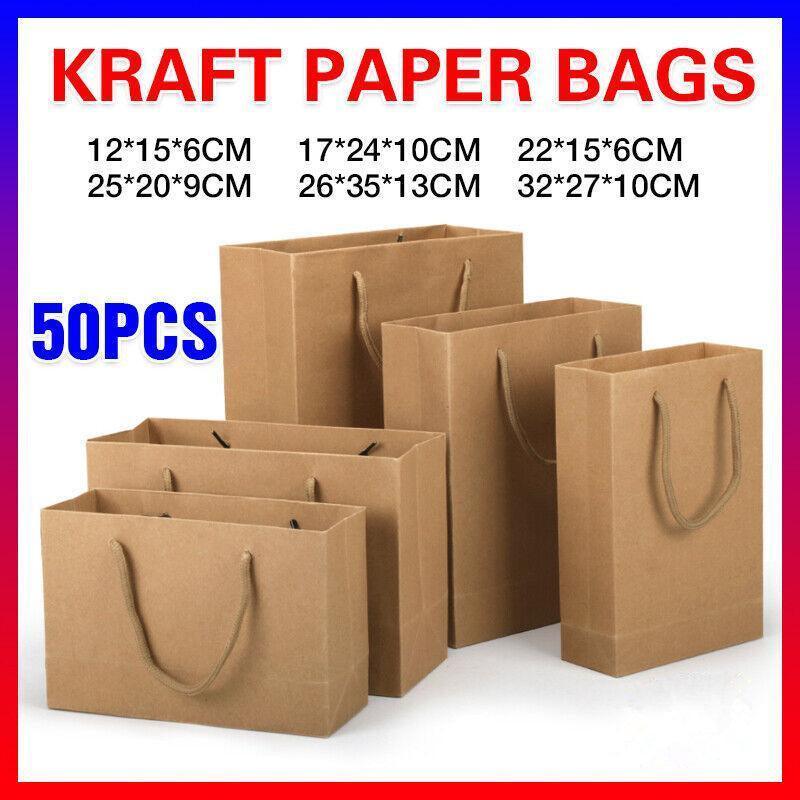 50X Kraft Paper Bags Gift Shopping Carry Craft Brown Bag With Handles - 50PCS  17*24*10CM