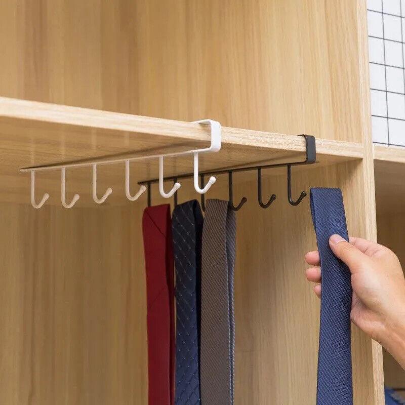 6Hook Mug Cup Rack Holder Under Shelf Kitchen Cabinet Hanger Organiser Wardrobe - Black