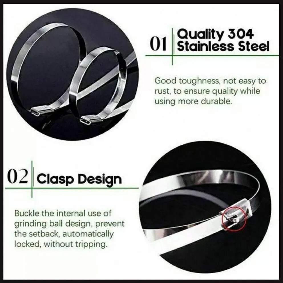 100x Stainless Steel Cable Ties SS304 Marine Grade Zip Strap Locking Wrap 100-800mm - 4.6*150mm