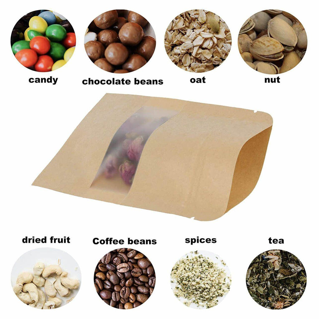10-200x 9*14+3cm Stand Up Bag Kraft Paper Seal Packaging Window Zip Lock Pouch - 10 PCS