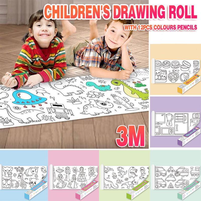 3M DIY Colouring Paper Roll with 12 Colour Pencils Cartoon Doodle Set - Animal world (With 12PCS Colored Pencils)