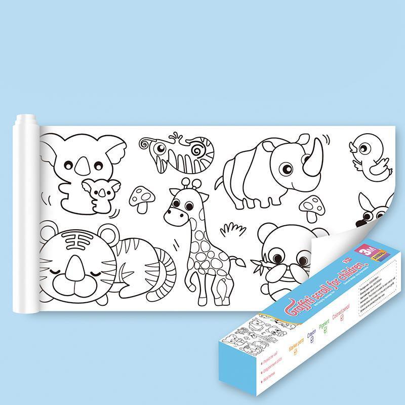 3M DIY Colouring Paper Roll with 12 Colour Pencils Cartoon Doodle Set - Animal world (With 12PCS Colored Pencils)