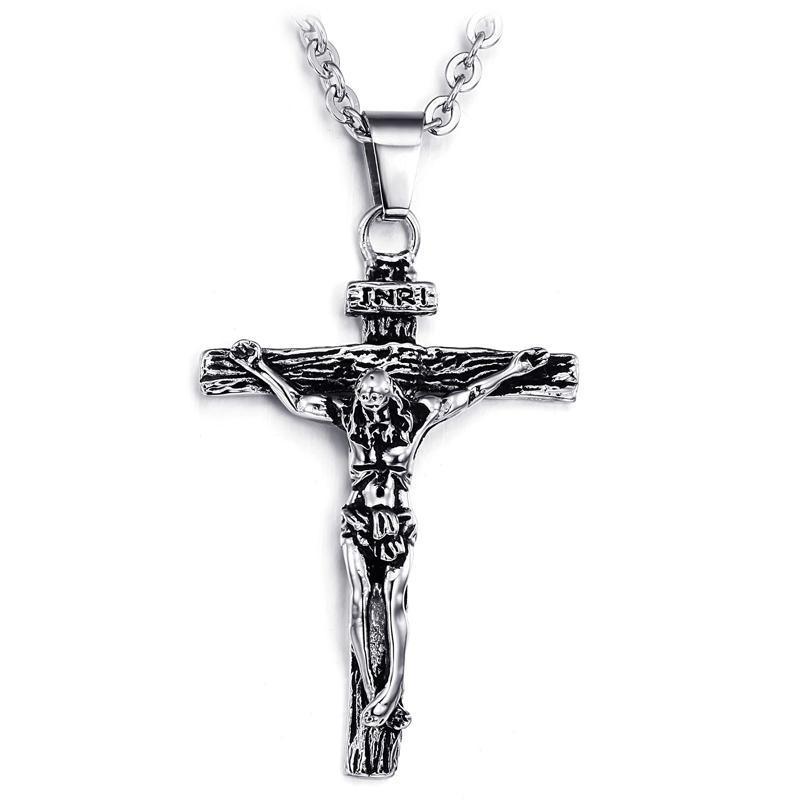 Men Stainless Steel Gold Silver Black Jesus Crucifix Pendant Chain Necklace Silver - with 3*55cm rolo chain