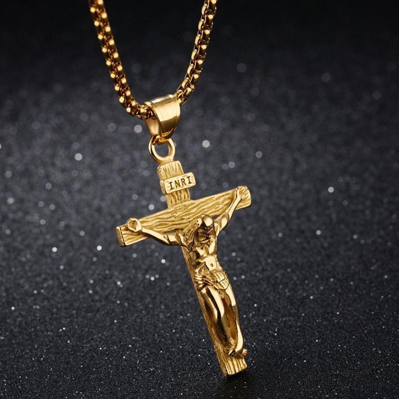 Men Stainless Steel Gold Silver Black Jesus Crucifix Pendant Chain Necklace Silver - with 3*55cm rolo chain