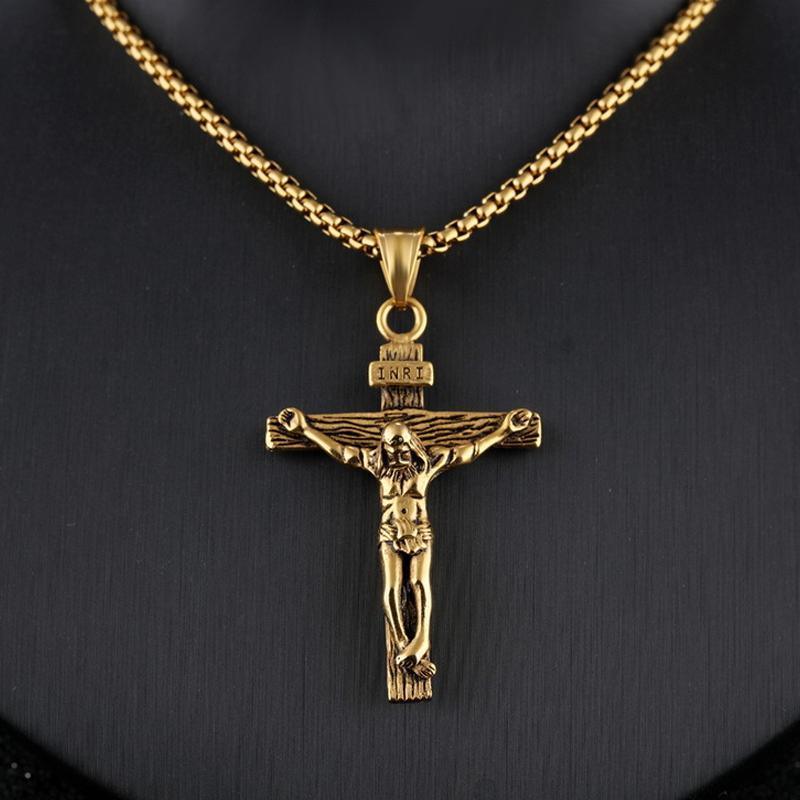 Men Stainless Steel Gold Silver Black Jesus Crucifix Pendant Chain Necklace Silver - with 3*55cm rolo chain