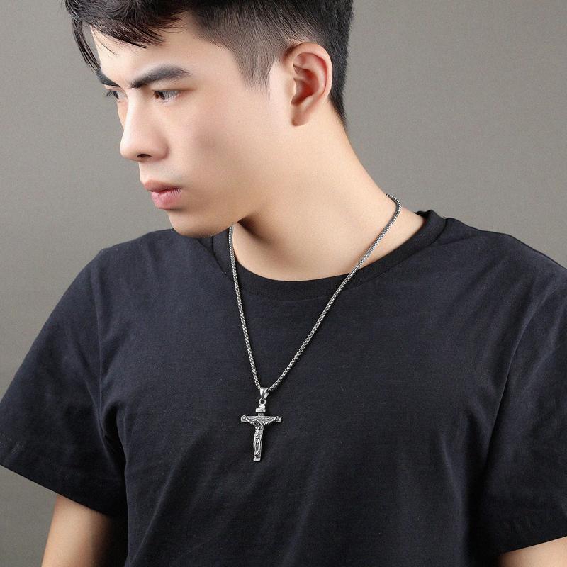 Men Stainless Steel Gold Silver Black Jesus Crucifix Pendant Chain Necklace Gold - with 3*55cm rolo chain