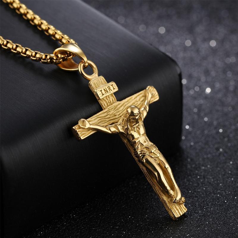 Men Stainless Steel Gold Silver Black Jesus Crucifix Pendant Chain Necklace Gold - with 3*55cm rolo chain