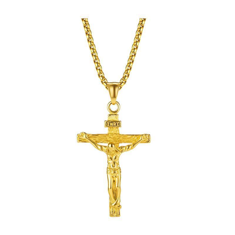Men Stainless Steel Gold Silver Black Jesus Crucifix Pendant Chain Necklace Gold - with 3*55cm rolo chain