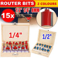 15X 1/2 1/4 inch Router Bits Set Woodworking Tool Cutter Shank Tungsten Carbide - Blue 1/4