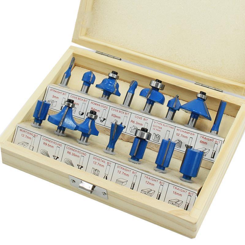 15X 1/2 1/4 inch Router Bits Set Woodworking Tool Cutter Shank Tungsten Carbide - Blue 1/4
