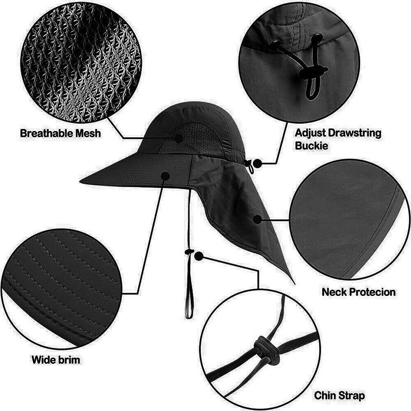 1x Neck Flap Cap Unisex Outdoor Sport Fishing Hat Sun Protection Wide Brim Cover - Black