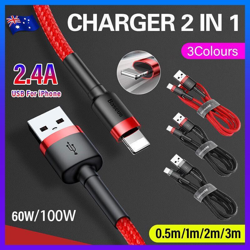 Grey Black Genuine BASEUS 2.4A USB to Lighting Charging Cable Cord for iPhone 13 12 Pro XS - 2 m
