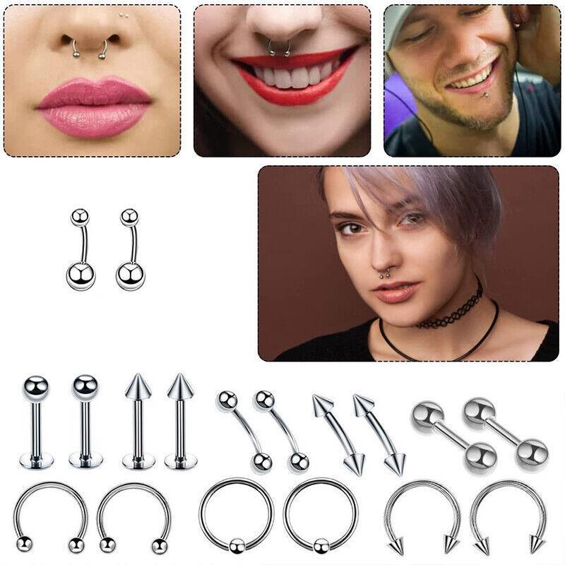 42Pcs Body Piercing Kit Needle Nipple Belly Tongue Eyebrow Nose Lip Ring 14G/16G
