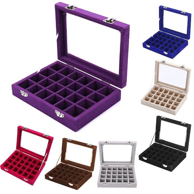 Velvet Jewelry Box Earring Organizer Display Case Storage Holder with 24 Grid - Grey