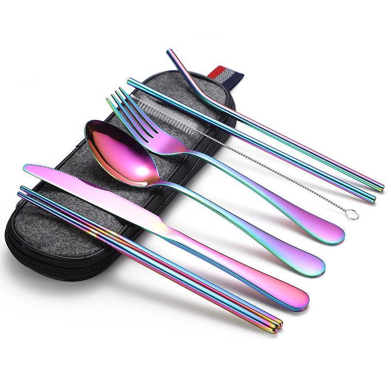 8PCS Portable Stainless Steel Travel Cutlery Set with Case for Camping Picnic Office