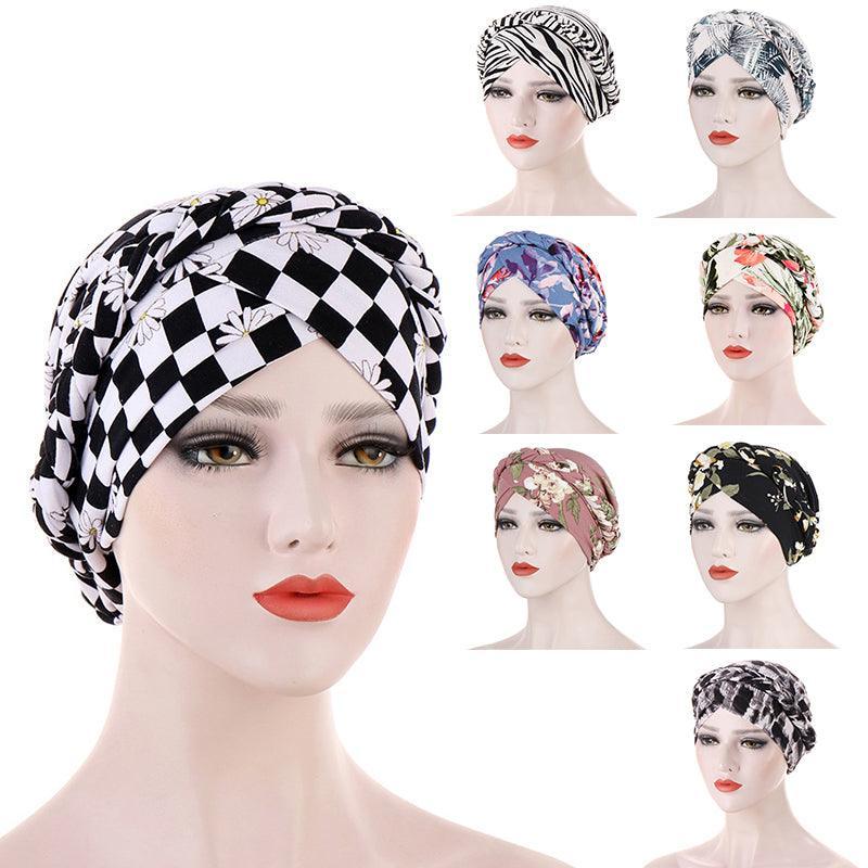 Women Floral Turban Head Wrap Cap Comfortable Chemo Headscarf Headwear - Black and white grid