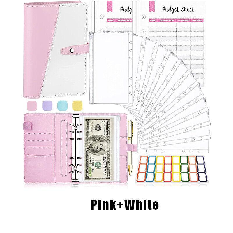 A6 Pu Leather Binder Pockets Cash Envelope Planner Notebooks - Laser Pink