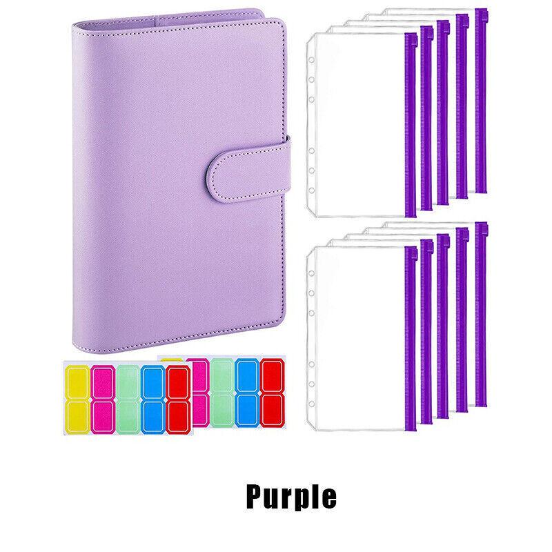 A6 Pu Leather Binder Pockets Cash Envelope Planner Notebooks - Light Purple