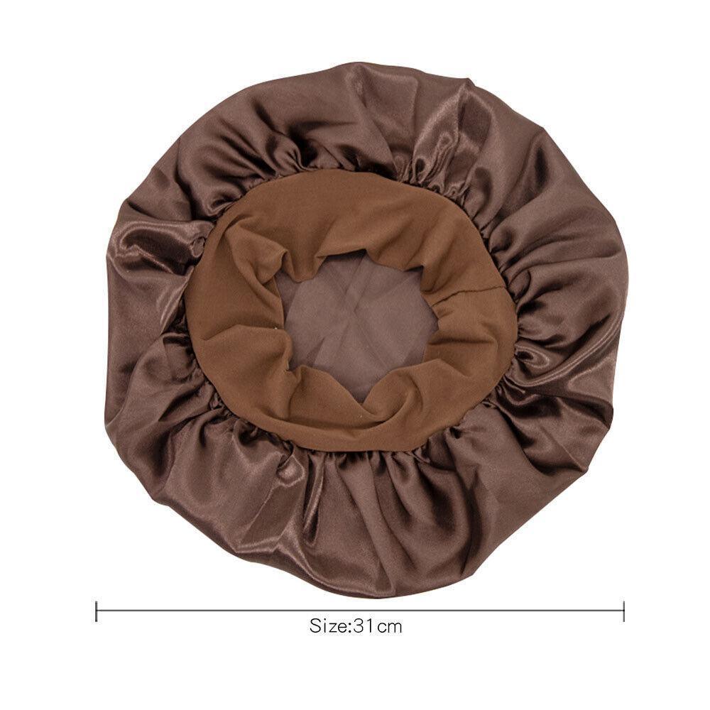 Sleeping Bonnet Hair Wrap Silk Satin Cap Women Elastic Night Soft Hat Headwear - Brown