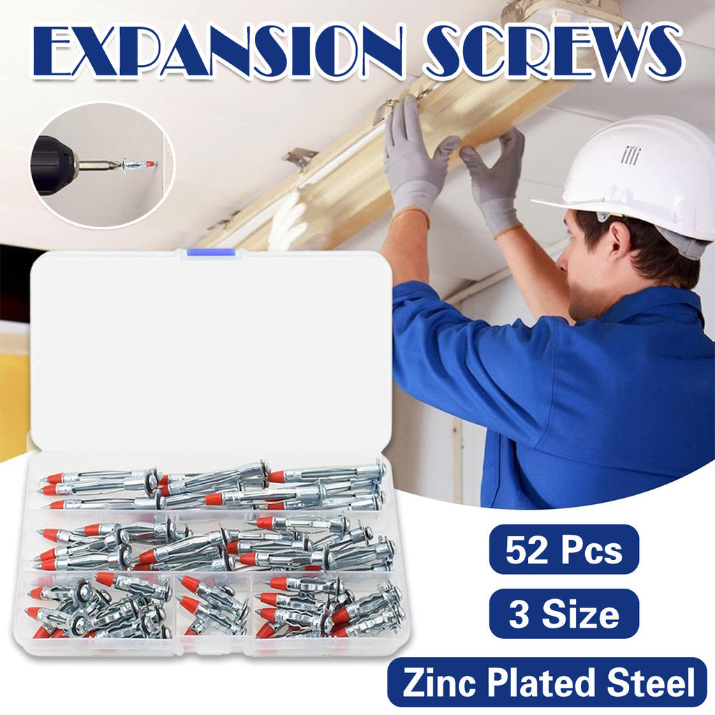 52PCS Galvanized Steel Wall Anchors Expansion Screws Self Tapping Bolts