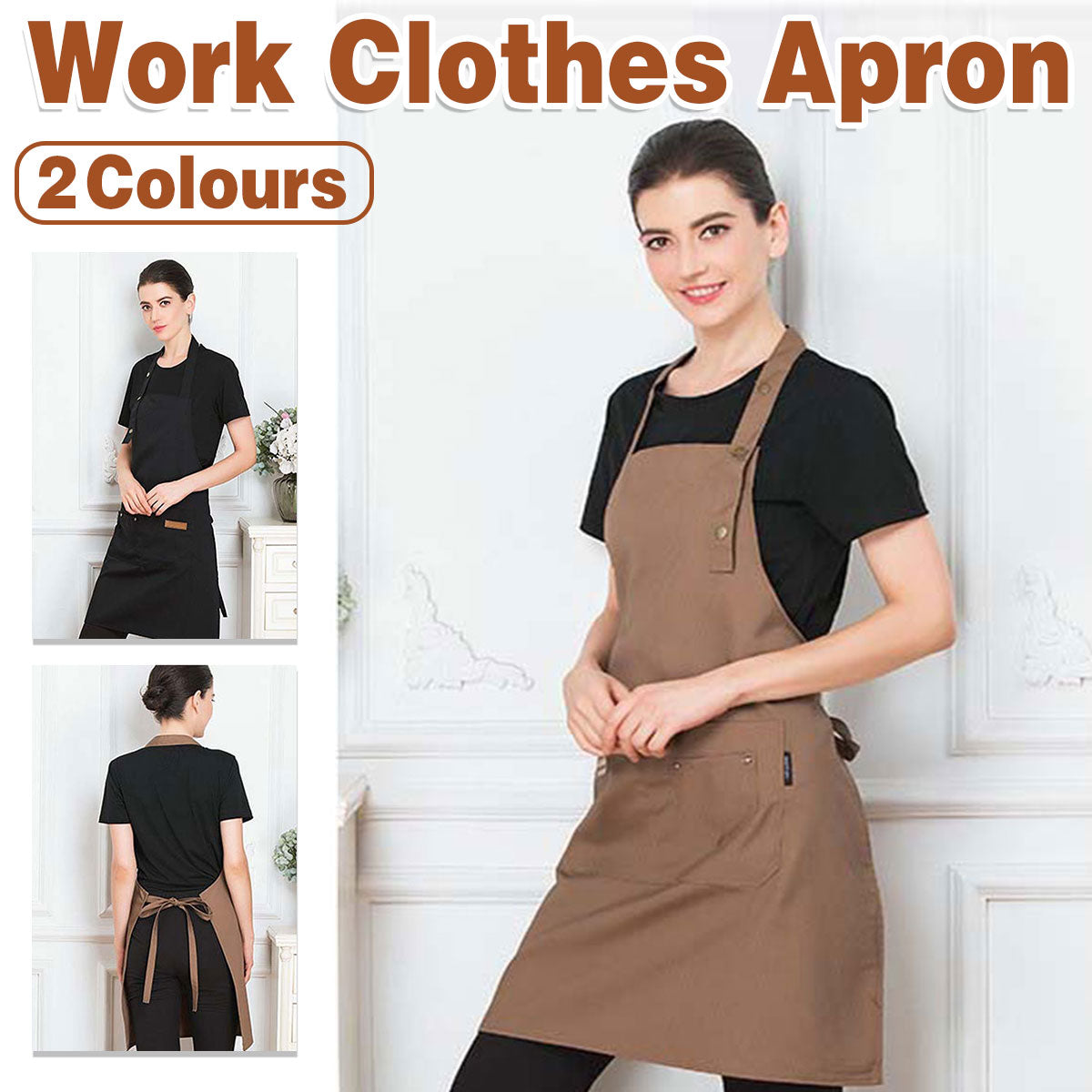 Adjustable Work Apron Neck Strap Waist Tie Kitchen Cooking Bib Apron Men Women - Brown