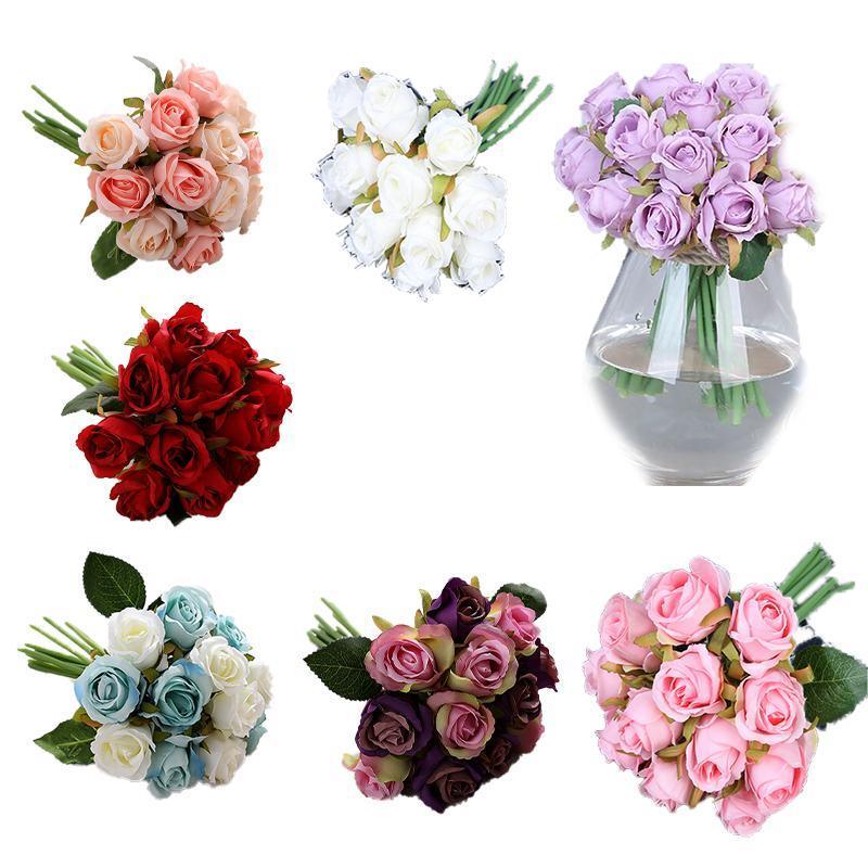 12 Heads Silk Rose Artificial Flowers Fake Bouquet - Red