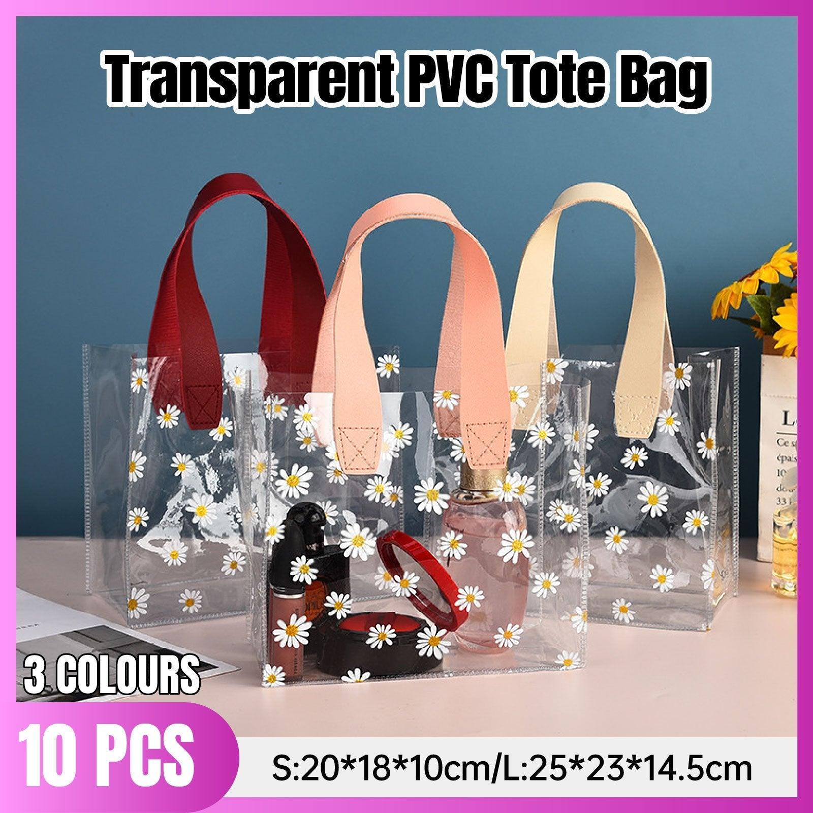10pcs Small Fresh Transparent PVC Tote Bag Wedding Candy Gift Bag Daisy Design - Beige - L