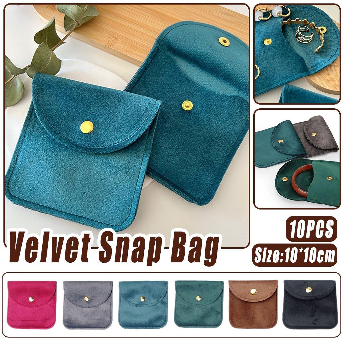 10pcs Velvet Jewelry Pouch Button Closure Thick Soft Ring Necklace Storage Bag - Black