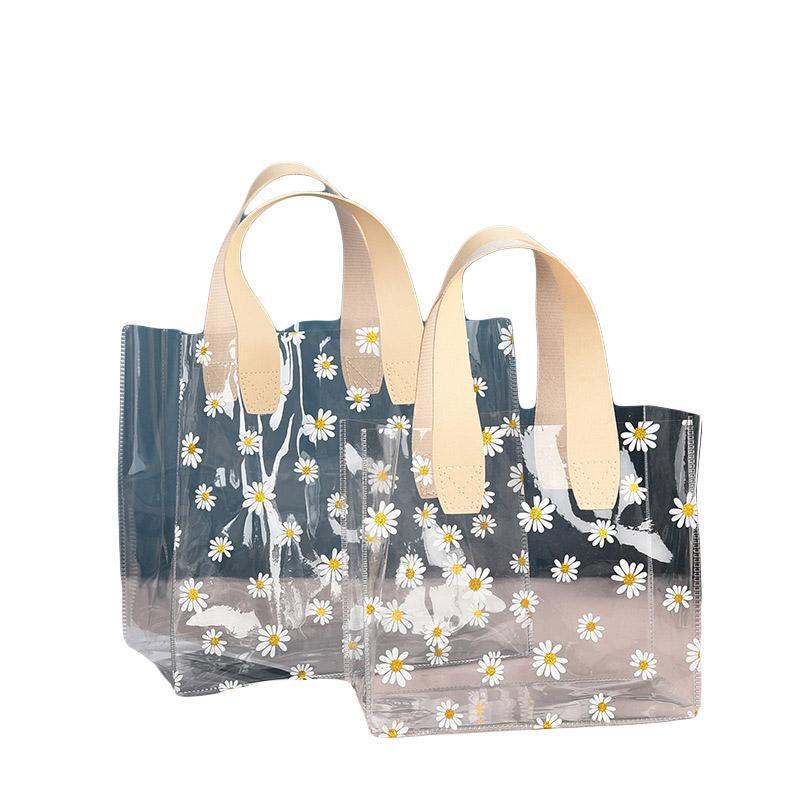 10pcs Small Fresh Transparent PVC Tote Bag Wedding Candy Gift Bag Daisy Design - Red - S