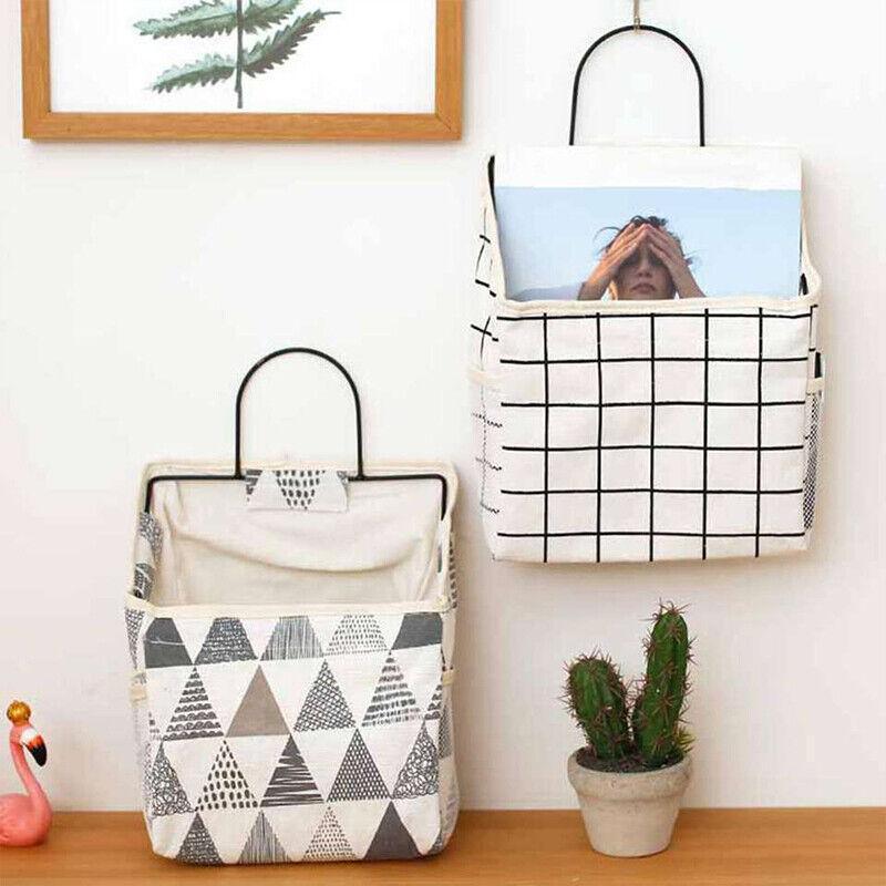 Wall Hanging Storage Bag Home Wardrobe Organiser Pouch Book Holder Phone Pocket - White Grid