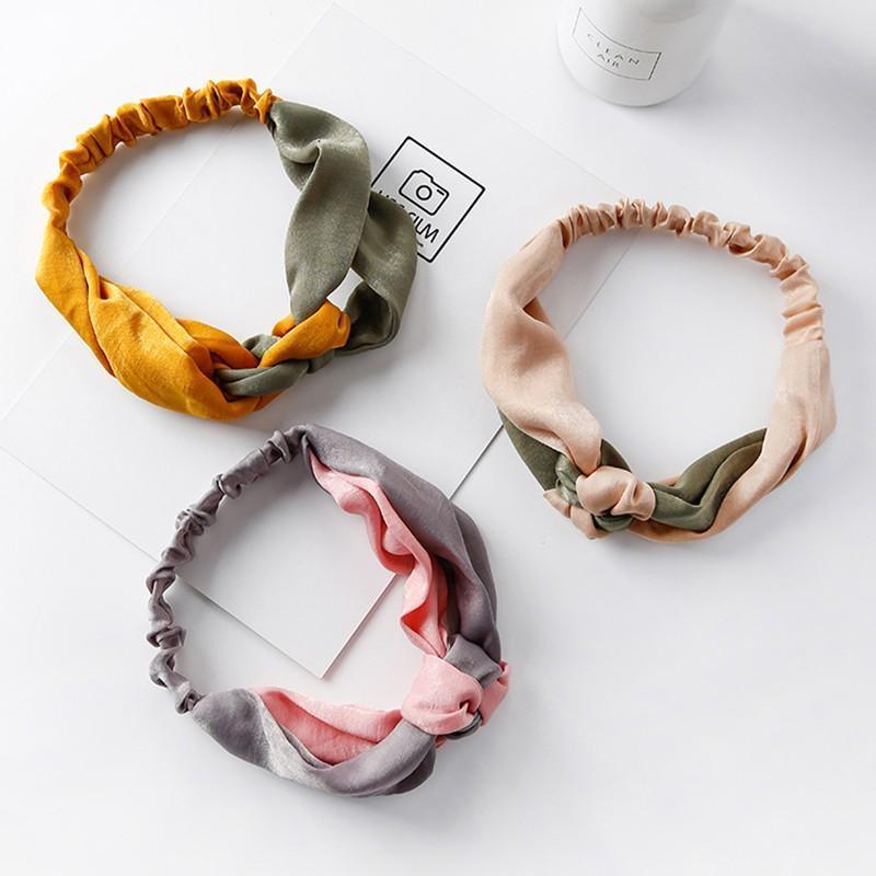 Women Chiffon Floral Print Headband Fashion Bohemian Elastic Cross Hair Bands - Beige+Green