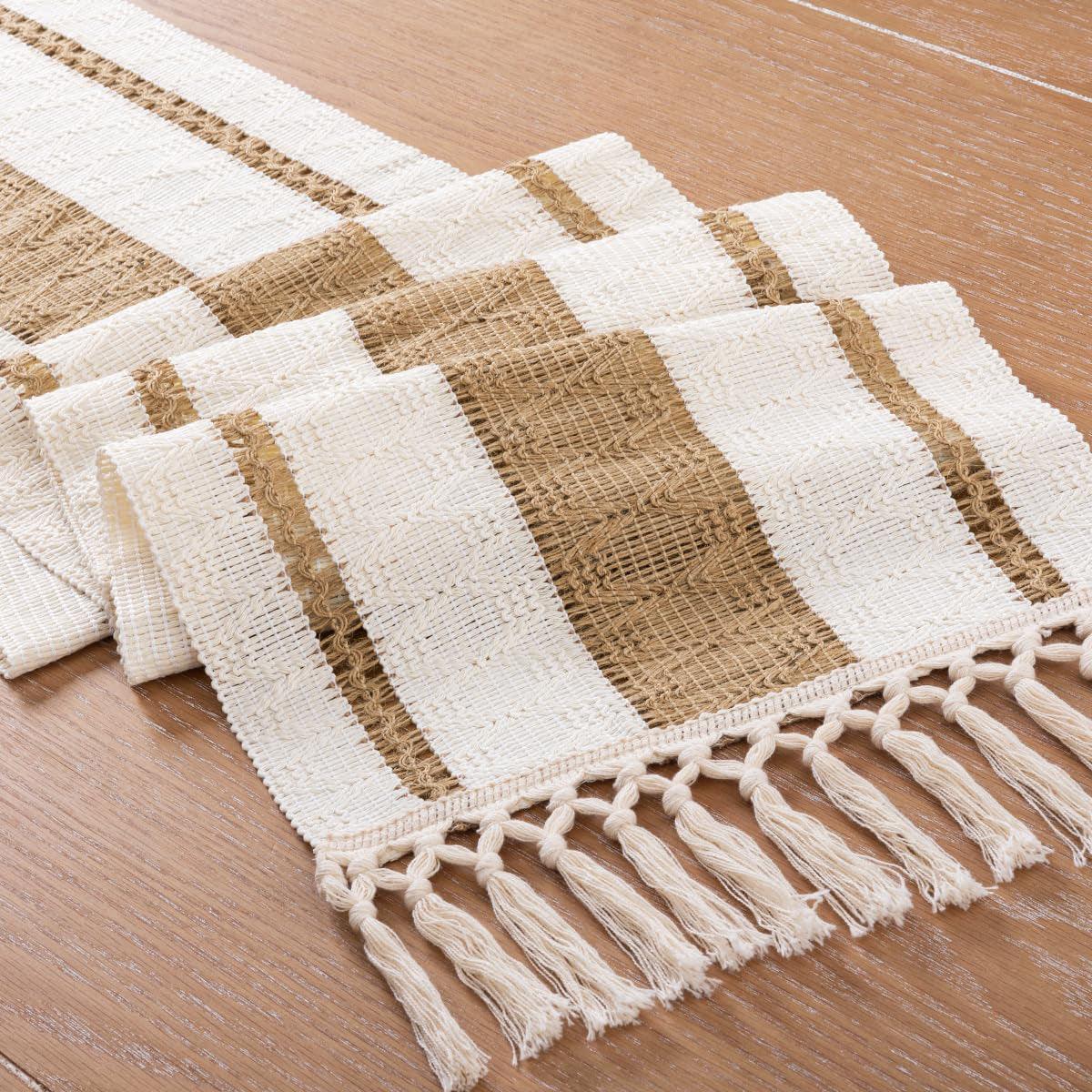 Cotton Linen Table Runner with Knot Tassel Bed End Towel Long Tablecloth Mat - Light brown