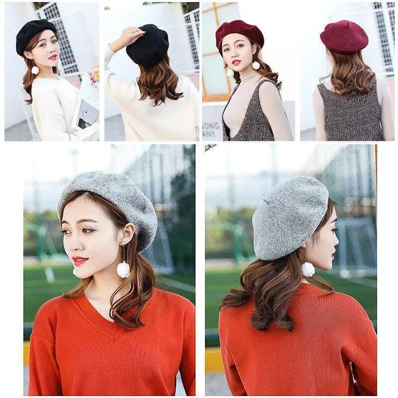 Women Ladies Beanie Wool French Beret Newsboy Hat Cap Winter Warm Hats Girls - White